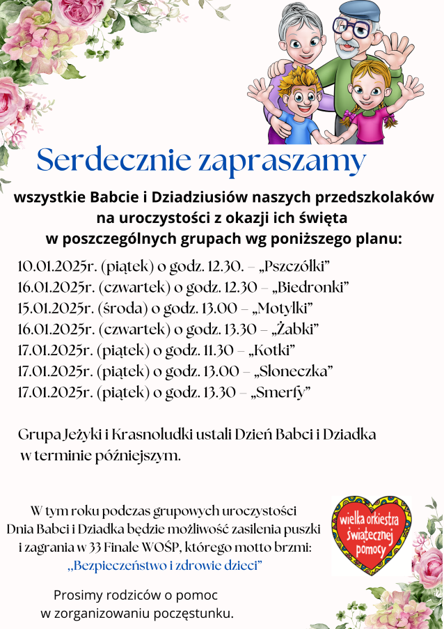 Serdecznie zapraszamy wszystkie Babcie i Dziadziusiów naszych przedszkolakg poniższego planu Niestandardowy